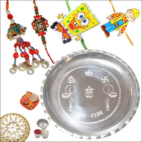 Silver Puja Thali with Sweets & 4 Rakhi Set 07